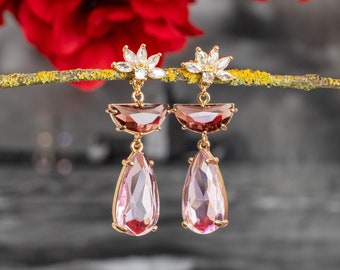 Floral burgundy pink earrings Wedding teardrop earrings Rose earrings Bridesmaid jewelry Mother of the bride earrings Long drop earrings
