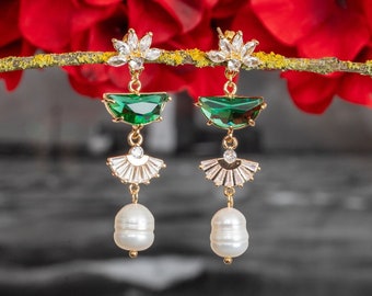 Freshwater pearl earrings Wedding earrings Emerald green fan earrings Crystal earrings Pearl drop earrings Floral stud earring for bride