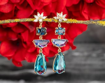 Pendientes florales art déco Pendientes largos para boda Pendientes de cristal Joyería azul de tres tonos Pendientes de invitada de boda Pendientes ombre de regalo semental