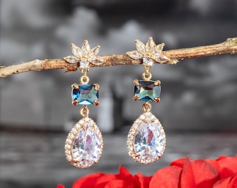 Blue crystal earrings Earrings art deco Dangle earrings gold Regency earrings Wedding ceremony something blue earrings Bridesmaids earrings