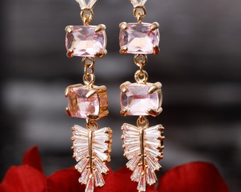 boucles d'oreilles vintage cristaux or 18 carats cristal boucles d'oreilles bijoux vintage boucles d'oreilles art déco roses longues boucles d'oreilles cadeau bijoux faits main