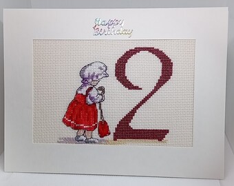 Handmade Cross stitch birthday card age 2