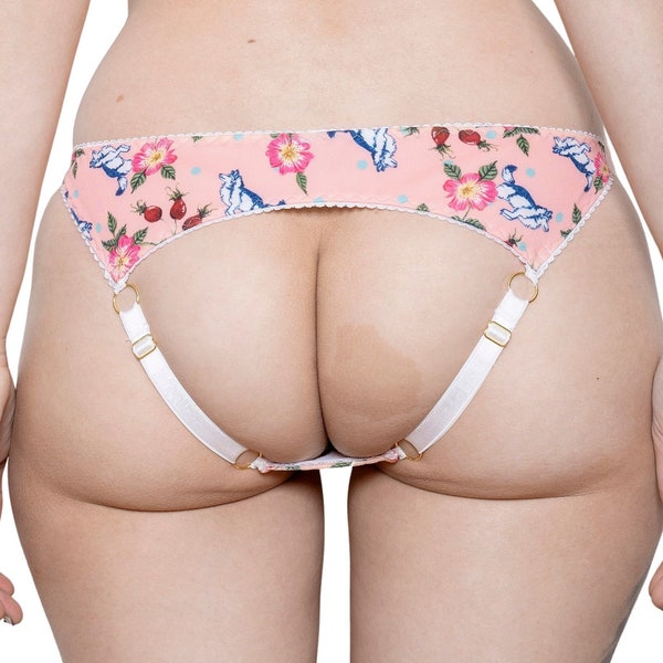 ASTER ouvert low rise panties - strappy peep bum knickers in unique floral and dog print, perfect gift for her, ethically handmade