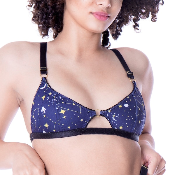 Space print bra - strappy harness soft cup bralette in recycled fabric, celestial design, sustainable handmade lingerie