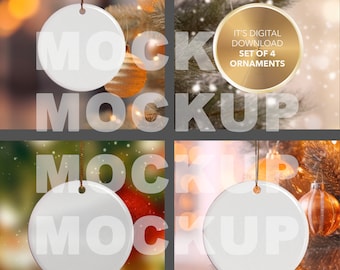 Maqueta de adorno navideño de cerámica en blanco redondo, plantilla de adorno de sublimación, juego de 4, maquetas de adornos de árbol, juego de maquetas Canva