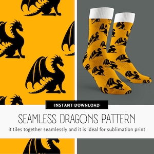 May include: A seamless pattern featuring black dragon silhouettes on a yellow background. The pattern is shown on a pair of socks.