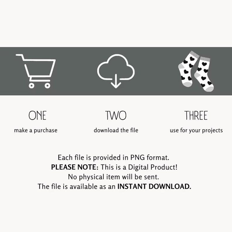 May include: A graphic showing three steps to purchase a digital product: 1. Make a purchase, 2. Download the file, 3. Use for your projects. The text "PLEASE NOTE: This is a Digital Product! No physical item will be sent. The file is available as an INSTANT DOWNLOAD." is also included.