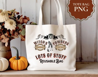 Lots of Stuff Witch Tote Bag Png, Halloween Canvas Bag Design, Grocery Bag Png, Shopping Bag Png, Market Bag Png, Treats Bag Png