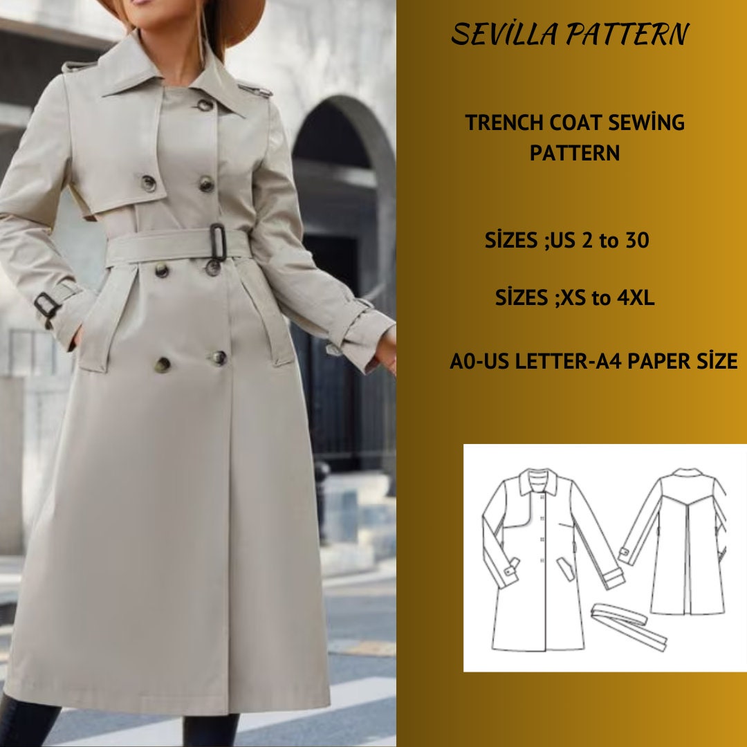 Trench Coat Patternwinter Coat Sewing Pattern long Coat PDF Pattern SXL Winter Jacket Sewing