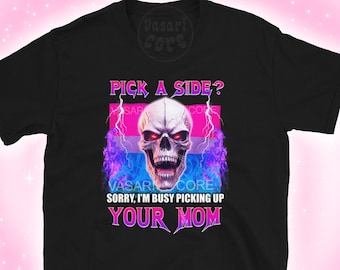 PICK A SIDE? Bisexual flag bi shirt, funny gay merch, pride t-shirt, queer, pansexual, sapphic fashion, epic skull, heavy metal inspired
