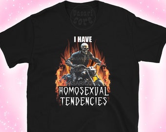 HOMOSEXUAL TENDENCIES epic skeleton pride tee, gay tshirt pride flag, heavy metal queer bisexual nonbinary trans, lesbian, sapphic, funny