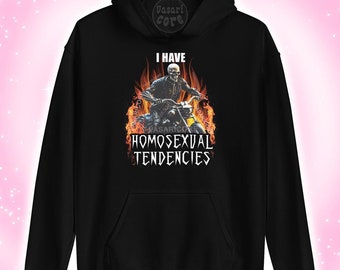 HOMOSEXUAL TENDENCIES epic skeleton hoodie sweater silly gay pride flag, heavy metal queer bisexual nonbinary trans, lesbian, sapphic, funny