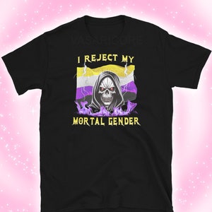 NONBINARY PRIDE SHIRT, nb tee, pride shirt, trans flag, non-binary flag skull heavy metal inspired, aggressive pride merch, nonbinary pin