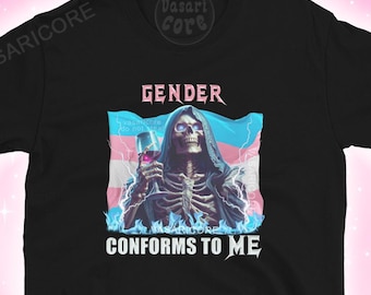 TRANSGENDER PRIDE SHIRT, mtf tee, ftm trans flagge, nicht binäre Flagge Schädel Schwermetall, Geschlecht Conforms To Me Merch Pin, episches Skelett