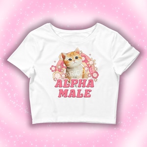 Może przedstawiać: Biały crop top z grafiką przedstawiającą uroczego pomarańczowego kota tabby z różową tęczą i kwiatami z tyłu. Tekst "ALPHA MALE" jest napisany różowymi literami w stylu retro.