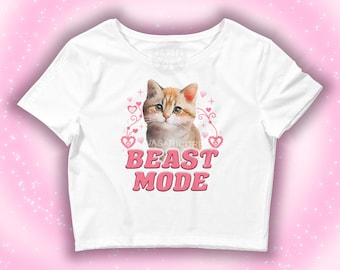 BEAST MODE CROPPED baby tee, meme shirt, funny cat shirt, kitten, gifts, gymwear, cute croptop, cursed, weirdcore, gift, y2k fashion Brat