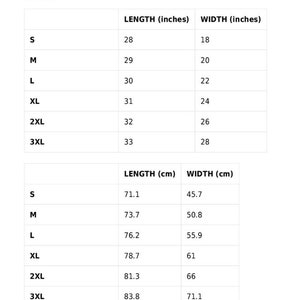 May include: Size guide chart with measurements in inches and centimeters for different sizes: S, M, L, XL, 2XL, and 3XL. The chart shows the length and width of each size.