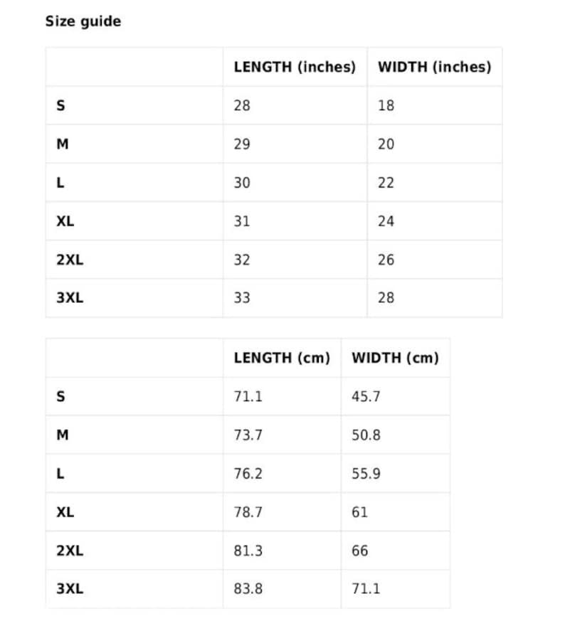 May include: Size guide chart with measurements in inches and centimeters for different sizes: S, M, L, XL, 2XL, and 3XL. The chart shows the length and width of each size.