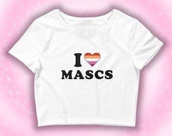 I HEART MASCS crop lesbian, wlw, sapphic, masc, flag femme butch transfemme trans women, y2k slogan shirt Short-Sleeve Unisex, croptop