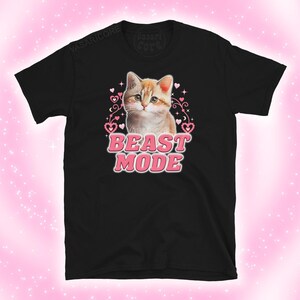 May include: Black t-shirt with a cute orange tabby cat wearing a pink heart necklace and surrounded by pink hearts and stars. The text "BEAST MODE" is printed in pink below the cat.