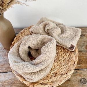 Set aus Stirnband und Loop Schal aus weichem Teddy-Stoff, kuschelweich und warm