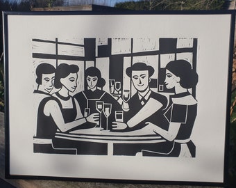 Drankje met vrienden in café, lino print