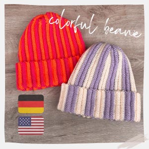 Häkelanleitung zweifarbige gestreifte Beanie Mütze | für Anfänger geeignet | DEUTSCH & ENGLISCH
