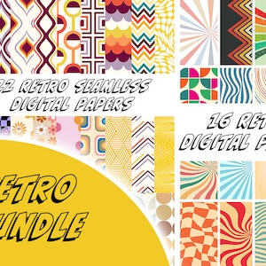 May include: A digital paper bundle featuring 38 retro seamless patterns. The patterns are in a variety of colours, including yellow, orange, red, blue, green, and purple. The patterns include geometric shapes, stripes, and swirls. The text "22 Retro Seamless Digital Papers" and "16 Retro Digital Papers" is visible on the image. The text "Retro Bundle" is in a large, bold font.
