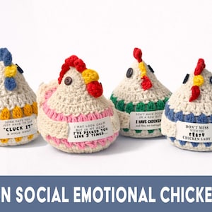 May include: Four handmade crochet chicken figurines with various colors and phrases on labels. The chickens have red, yellow, and blue accents. The phrases include "Cluck It" and "Don't Mess with the Chicken Lady".
