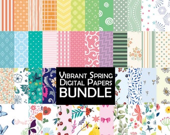Digital Papers Bundle, Spring Colors and Flowers Seamless Printable Patterns, Backgrounds
