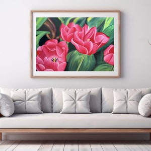 Pink Tulips Floral Oil Painting: Framed Spring Blossom Wall Art