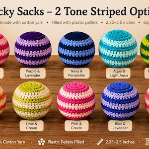 May include: Ten two-tone striped hacky sacks in a range of colours, including pink, purple, blue, green, and orange. Each ball is handmade with cotton yarn and filled with plastic pellets. The balls measure 5.7-6.4 cm and weigh 65g each.