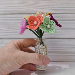 Mini Beaded Flower Bouquet, Unique Cute Forever Flowers, Weddings, Bridal or Baby Showers Centerpiece, Can Be Personalized with Label