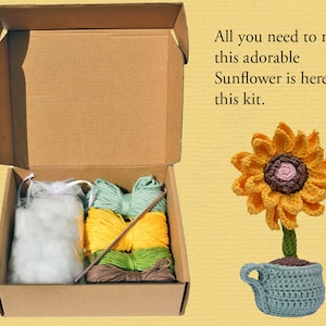 May include: A craft kit to crochet a sunflower. The kit includes yarn in yellow, green, brown, and white, stuffing, and a crochet hook. The finished sunflower is shown in the image, with a crocheted pot.