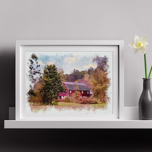 Farmhouse Watercolor Wall Hanging Red Barn Landscape Framed Wall Art Nature Themed Illustration Scenery Wall Decor for Nature Lovers