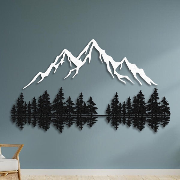 Regalo di decorazione naturale per arte da parete in metallo con silhouette di foresta di montagna, decorazione per la stanza con arte da parete in metallo di grandi dimensioni alla moda, decorazione per esterni