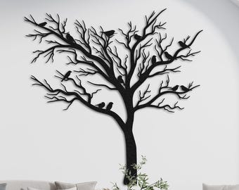 EXTRA LARGE - Vogelbaum-Metallwand-Kunst-Dekor - Rustikale Baum-Natur-Silhouette mit Vögeln