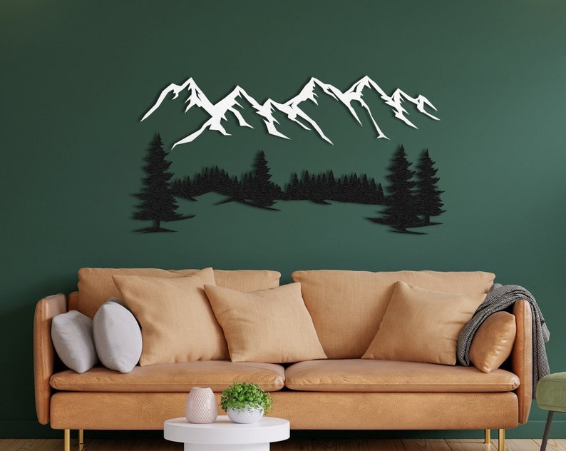 Therwen 2-Piece Metal Mountain & Forest Wall Art - Rustic Cabin Decor In Black & White