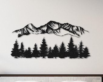 May include: Black and white silhouette wall art featuring a mountain range with a row of pine trees in the foreground.