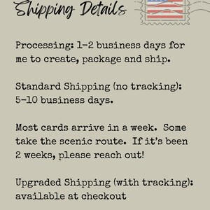 May include: A beige informational card featuring a graphic of a postage stamp with the United States flag. The text reads: Shipping Details, Processing: 1-2 business days, Standard Shipping: 5-10 business days, Most cards arrive in a week, Upgraded Shipping.