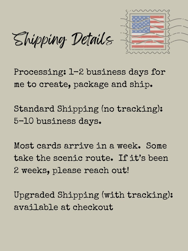 May include: A beige informational card featuring a graphic of a postage stamp with the United States flag. The text reads: Shipping Details, Processing: 1-2 business days, Standard Shipping: 5-10 business days, Most cards arrive in a week, Upgraded Shipping.