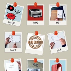 Puede incluir: Un collage de nueve im&aacute;genes cuadradas sujetas con chinchetas rojas, que ilustran el proceso de producci&oacute;n de una tarjeta de felicitaci&oacute;n. Los pasos incluyen dise&ntilde;o, impresi&oacute;n, corte, hendido, hecho a mano, plegado, tarjeta, empaquetado y buz&oacute;n.