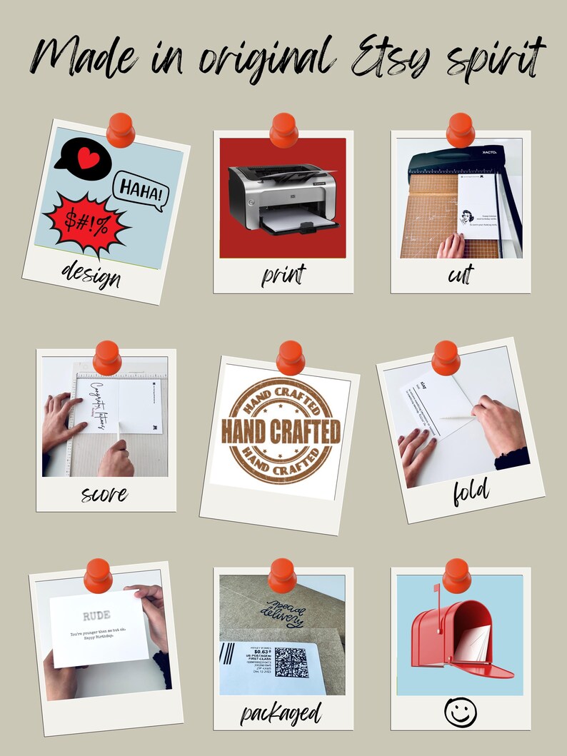 Puede incluir: Un collage de nueve im&aacute;genes cuadradas sujetas con chinchetas rojas, que ilustran el proceso de producci&oacute;n de una tarjeta de felicitaci&oacute;n. Los pasos incluyen dise&ntilde;o, impresi&oacute;n, corte, hendido, hecho a mano, plegado, tarjeta, empaquetado y buz&oacute;n.