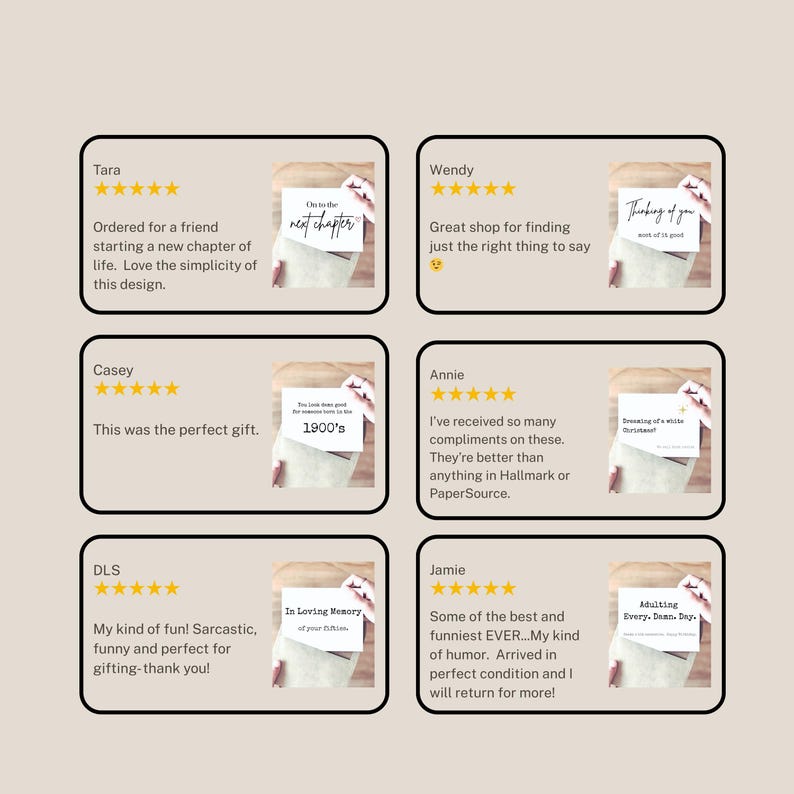 Puede incluir: Una colecci&oacute;n de seis rese&ntilde;as de clientes en recuadros con borde negro, cada una con cinco estrellas amarillas, un nombre, comentarios escritos y una peque&ntilde;a foto de una tarjeta de felicitaci&oacute;n blanca con texto negro en una mano.
