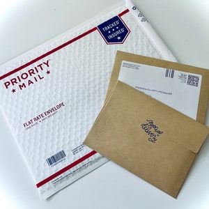 May include: A white padded envelope with the text "PRIORITY *MAIL*" and "FLAT RATE ENVELOPE" printed on it. The envelope has a red and white striped border. A brown envelope with the text "Special delivery" is on top of a white envelope with a barcode and a QR code.