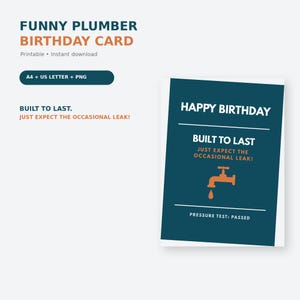 Op de afbeelding: Een donkerblauwe verjaardagskaart met de witte tekst HAPPY BIRTHDAY, BUILT TO LAST en PRESSURE TEST: PASSED, de oranje tekst JUST EXPECT THE OCCASIONAL LEAK! en een oranje kraanpictogram met een enkele waterdruppel eronder.