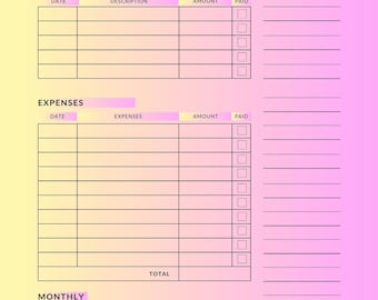 Könnte beinhalten: Ein rosa-gelber Monatsbudgetplaner mit Abschnitten für Einnahmen, Ausgaben und Ersparnisse. Der Planer enthält Felder für Daten, Beschreibungen, Beträge und den bezahlten Status. Der Text "Monthly Budget Planner" steht oben.