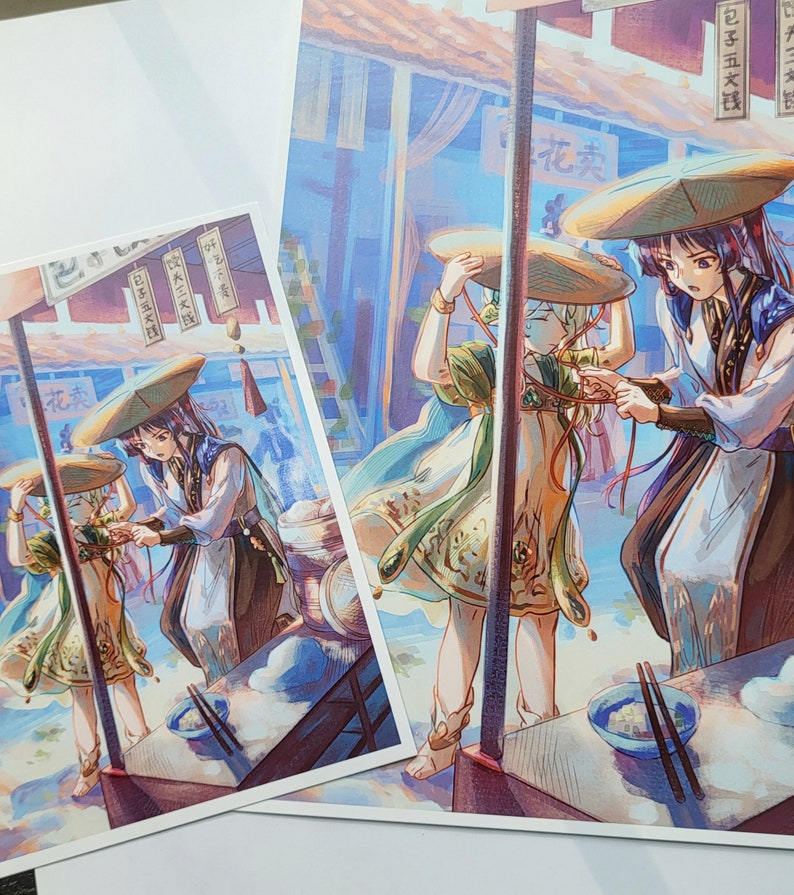 Art print of Scaramouche and Nahida from Genshin Impact in ancient China wearing traditional clothing. This art print is available as a 5"x7" art print of a 8.5"x11" larger print.