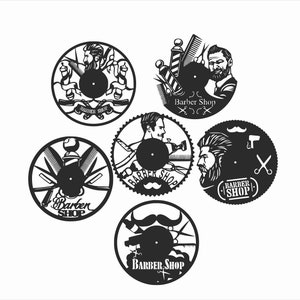 May include: Six different designs for a barber shop clock. Each design features a barber pole, scissors, razors, and other barber shop imagery. The text "Barber Shop" is included in each design.