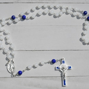 White/Blue Glass Bead Rosary - Miraculous Medal, St Benedict Crucifix